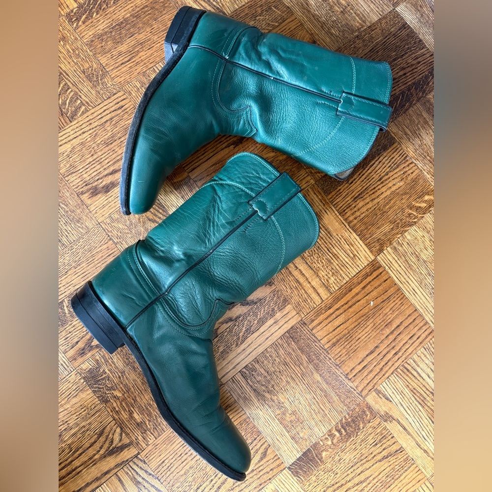Justin Vintage Cowboy Original Green Roper Western Leather Boots - Made in USA